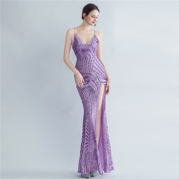 High-Neck Gown with Dense Sequins, Side Slit & Corset Lacing