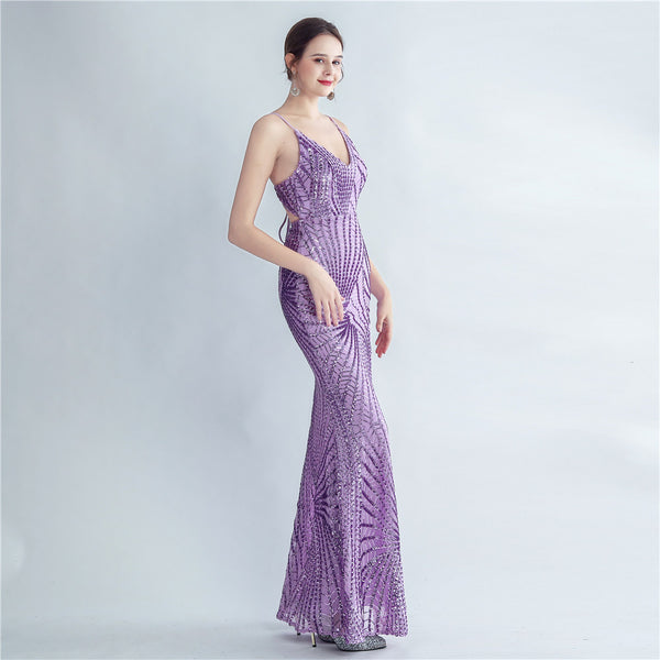 High-Neck Gown with Dense Sequins, Side Slit & Corset Lacing