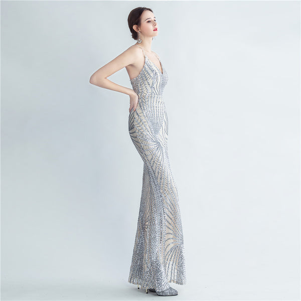 High-Neck Gown with Dense Sequins, Side Slit & Corset Lacing