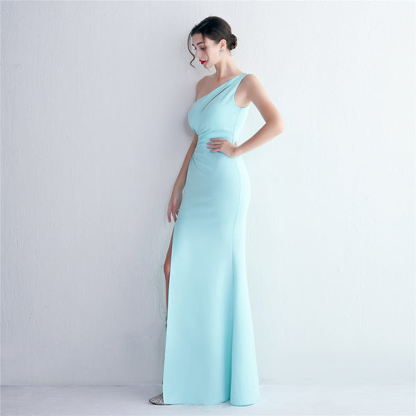 Single-Shoulder Mermaid Gown with Pleating & Beadwork