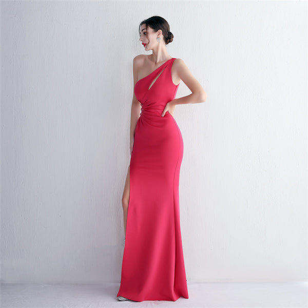 Single-Shoulder Mermaid Gown with Pleating & Beadwork