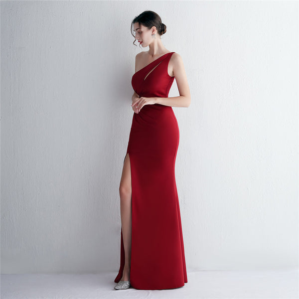 Single-Shoulder Mermaid Gown with Pleating & Beadwork