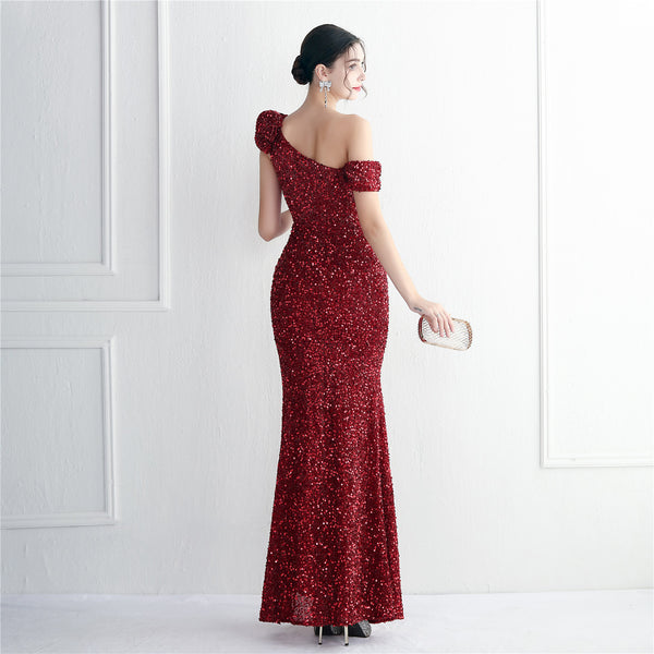 Single-Shoulder Mermaid Gown with Embellished Sequin Detail