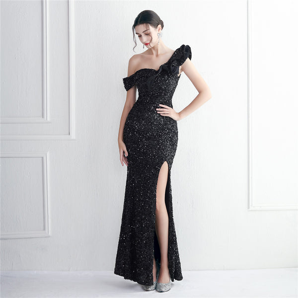 Single-Shoulder Mermaid Gown with Embellished Sequin Detail