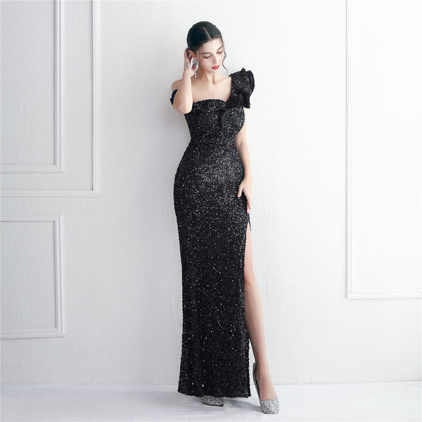 Single-Shoulder Mermaid Gown with Embellished Sequin Detail