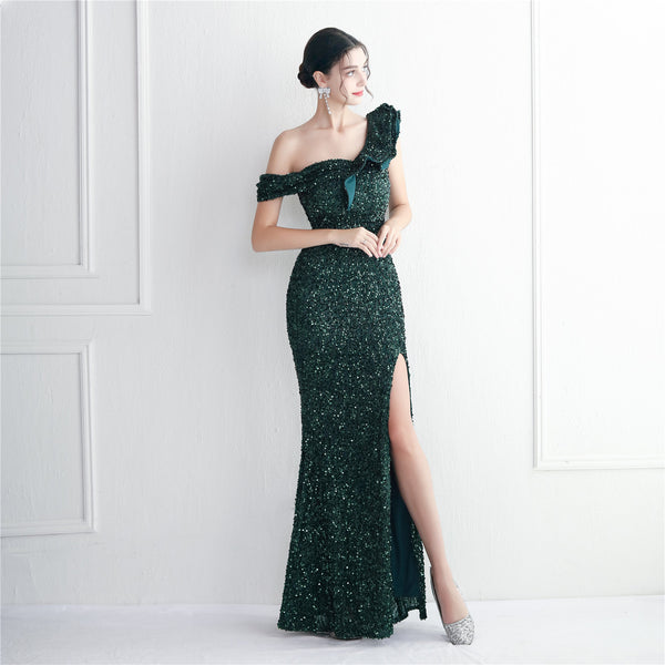 Single-Shoulder Mermaid Gown with Embellished Sequin Detail