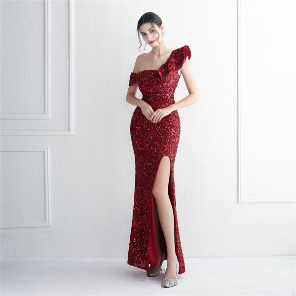 Single-Shoulder Mermaid Gown with Embellished Sequin Detail