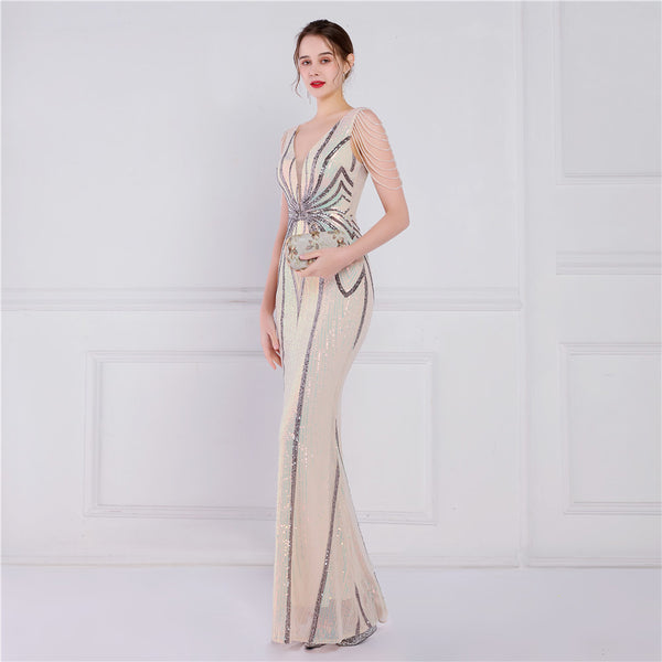 Elegant Short-Sleeve Mermaid Gown with Floral Sequins