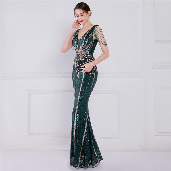 Elegant Short-Sleeve Mermaid Gown with Floral Sequins