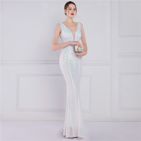 Elegant Short-Sleeve Mermaid Gown with Floral Sequins