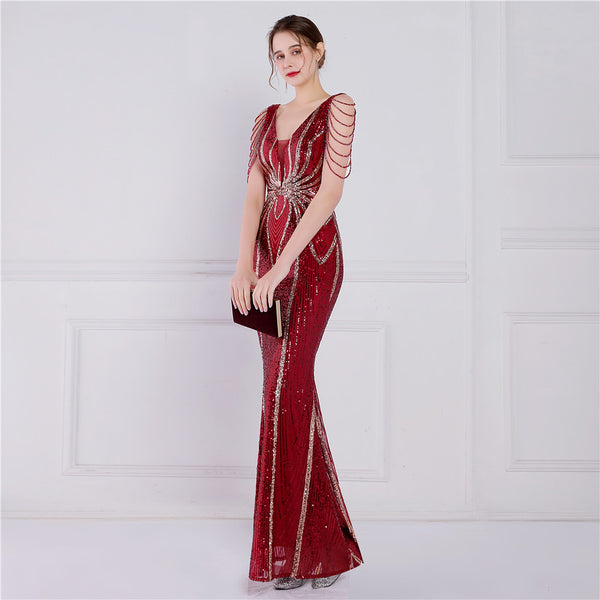 Elegant Short-Sleeve Mermaid Gown with Floral Sequins