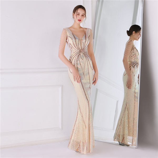 Elegant Short-Sleeve Mermaid Gown with Floral Sequins