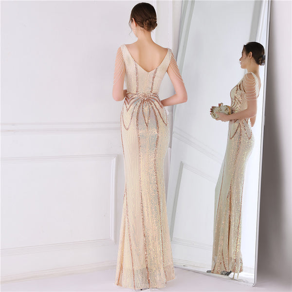 Elegant Short-Sleeve Mermaid Gown with Floral Sequins