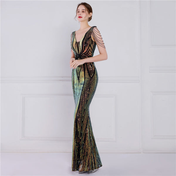 Elegant Short-Sleeve Mermaid Gown with Floral Sequins