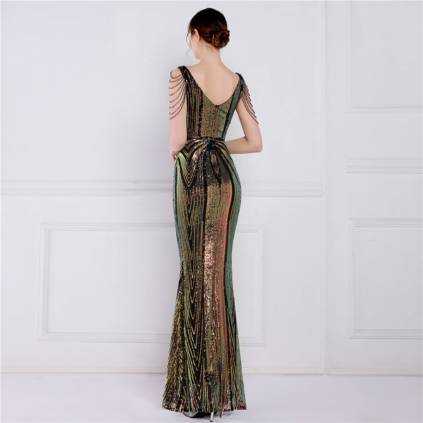 Elegant Short-Sleeve Mermaid Gown with Floral Sequins