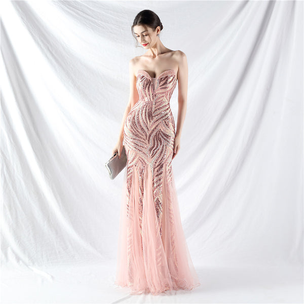 Heavy Beadwork & Layered Sequin Gown with Tulle Insets