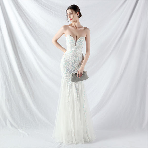 Heavy Beadwork & Layered Sequin Gown with Tulle Insets