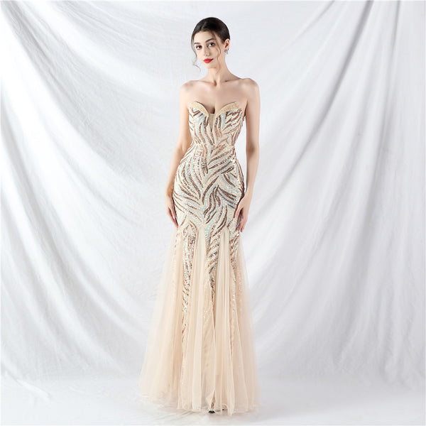 Heavy Beadwork & Layered Sequin Gown with Tulle Insets