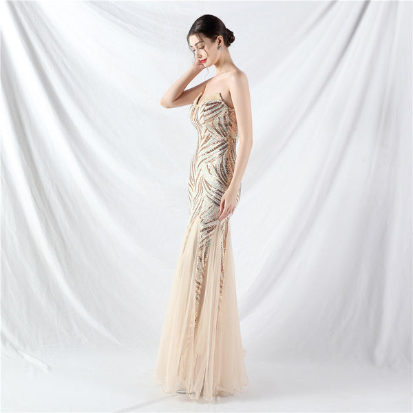 Heavy Beadwork & Layered Sequin Gown with Tulle Insets