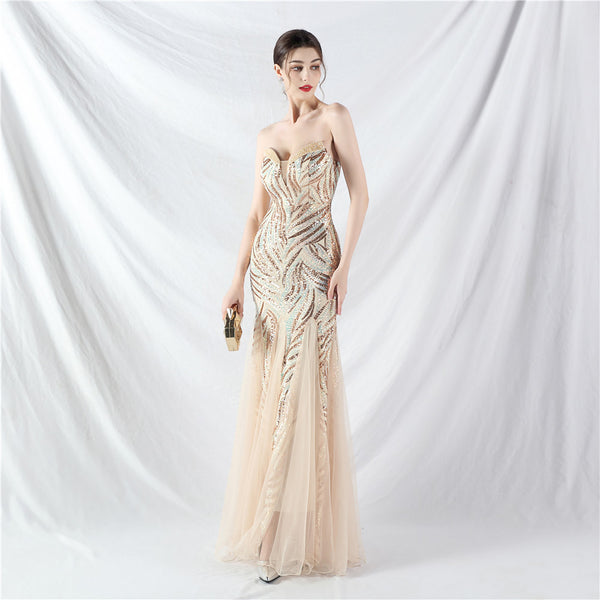 Heavy Beadwork & Layered Sequin Gown with Tulle Insets