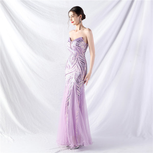 Heavy Beadwork & Layered Sequin Gown with Tulle Insets