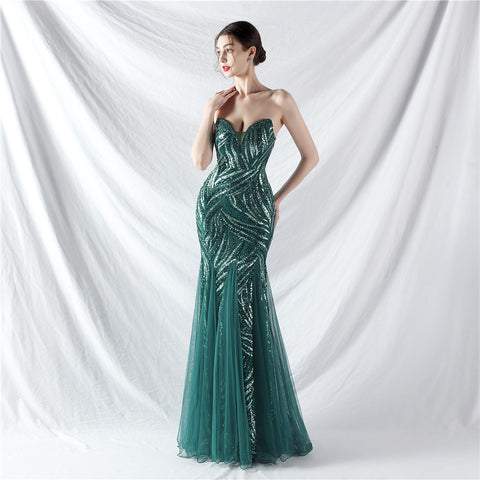 Heavy Beadwork & Layered Sequin Gown with Tulle Insets