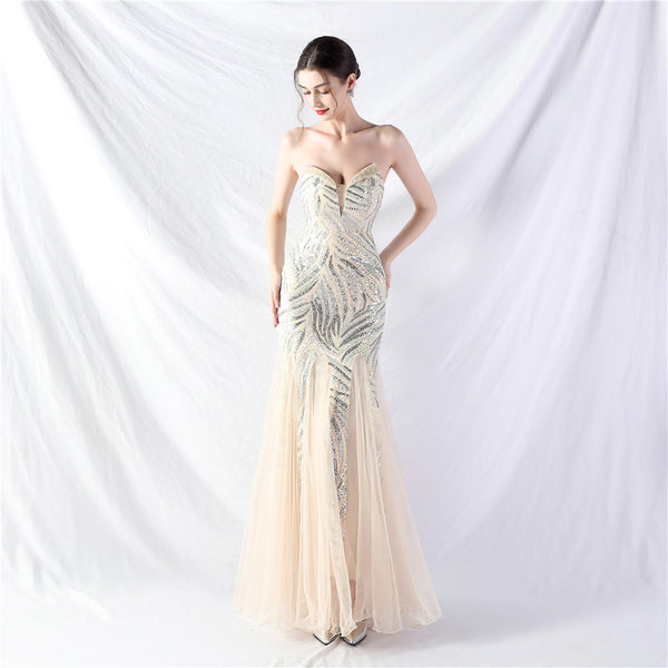 Heavy Beadwork & Layered Sequin Gown with Tulle Insets