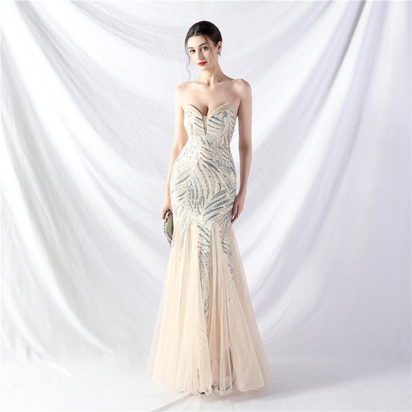 Heavy Beadwork & Layered Sequin Gown with Tulle Insets