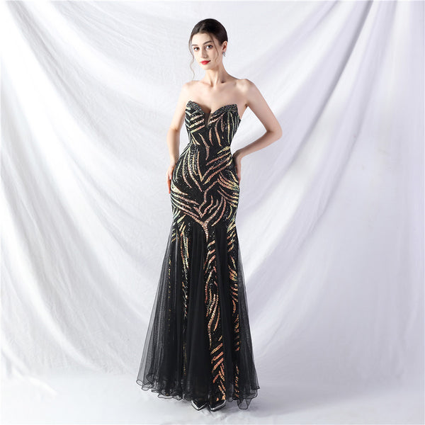 Heavy Beadwork & Layered Sequin Gown with Tulle Insets