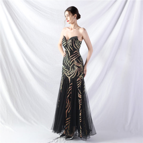 Heavy Beadwork & Layered Sequin Gown with Tulle Insets