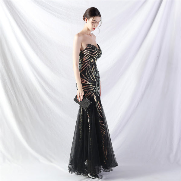 Heavy Beadwork & Layered Sequin Gown with Tulle Insets
