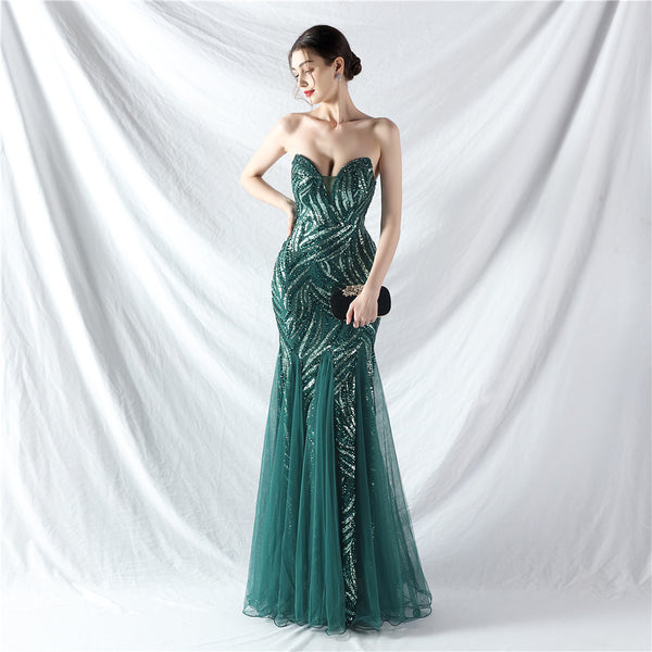 Heavy Beadwork & Layered Sequin Gown with Tulle Insets