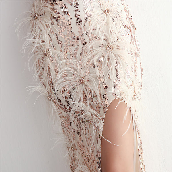 Long Embellished Wool Blend Gown with Floral Motifs