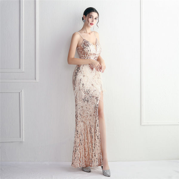 Long Embellished Wool Blend Gown with Floral Motifs