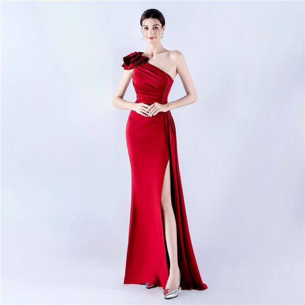 Asymmetric Neckline Gown with Ruffled Shoulder & Rhinestones