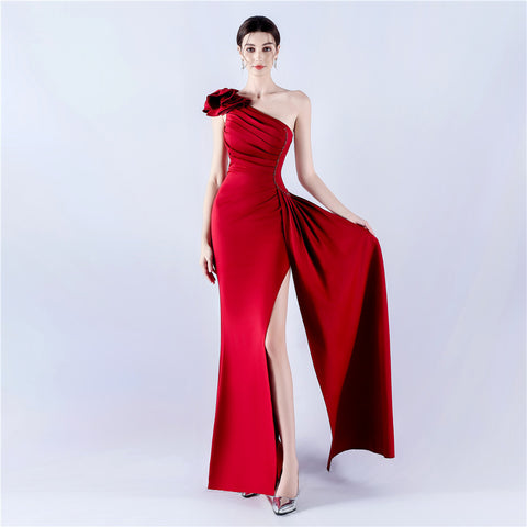 Asymmetric Neckline Gown with Ruffled Shoulder & Rhinestones