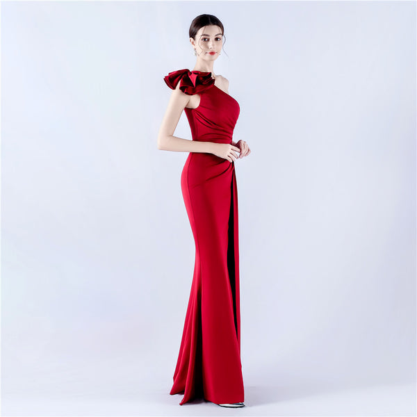 Asymmetric Neckline Gown with Ruffled Shoulder & Rhinestones
