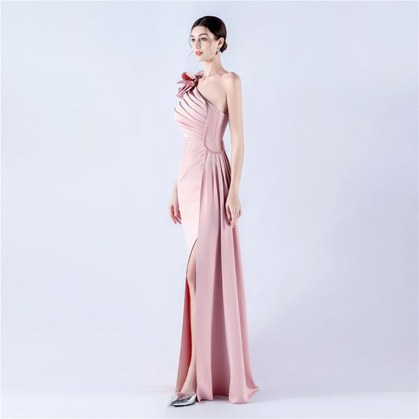 Asymmetric Neckline Gown with Ruffled Shoulder & Rhinestones