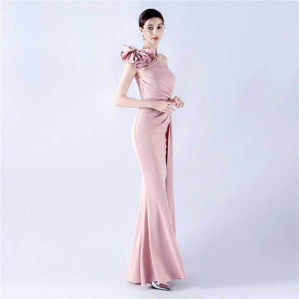 Asymmetric Neckline Gown with Ruffled Shoulder & Rhinestones