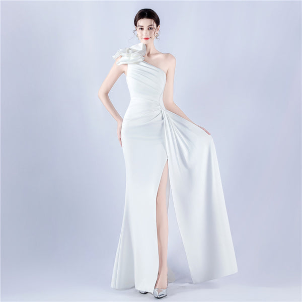 Asymmetric Neckline Gown with Ruffled Shoulder & Rhinestones