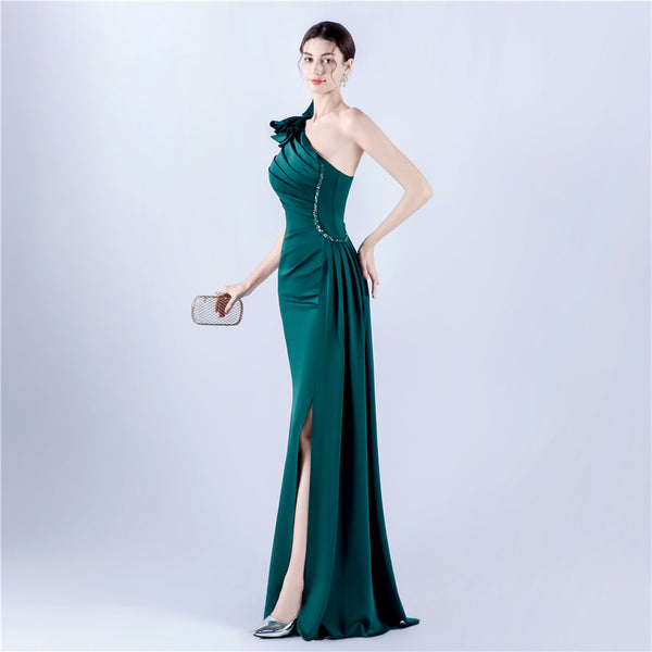 Asymmetric Neckline Gown with Ruffled Shoulder & Rhinestones