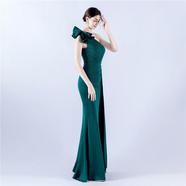 Asymmetric Neckline Gown with Ruffled Shoulder & Rhinestones