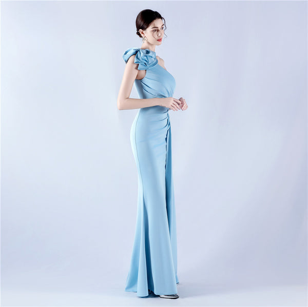 Asymmetric Neckline Gown with Ruffled Shoulder & Rhinestones