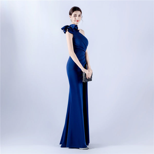 Asymmetric Neckline Gown with Ruffled Shoulder & Rhinestones