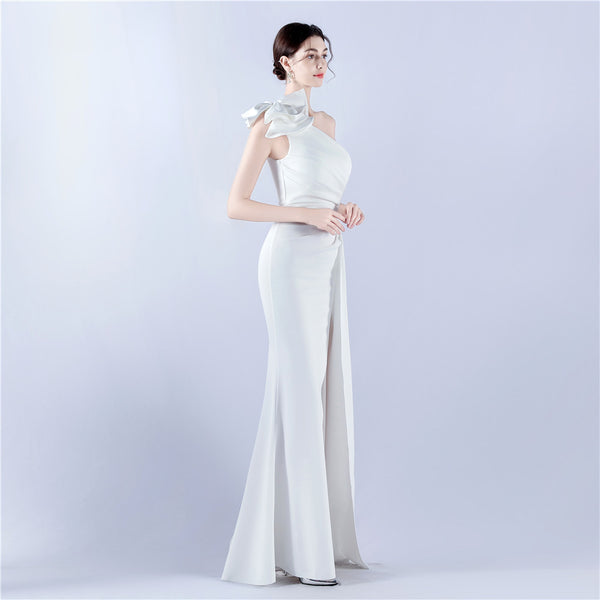 Asymmetric Neckline Gown with Ruffled Shoulder & Rhinestones