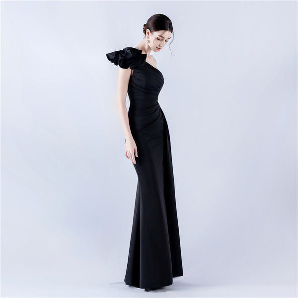 Asymmetric Neckline Gown with Ruffled Shoulder & Rhinestones