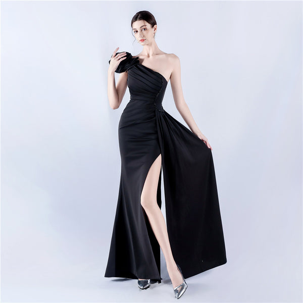 Asymmetric Neckline Gown with Ruffled Shoulder & Rhinestones