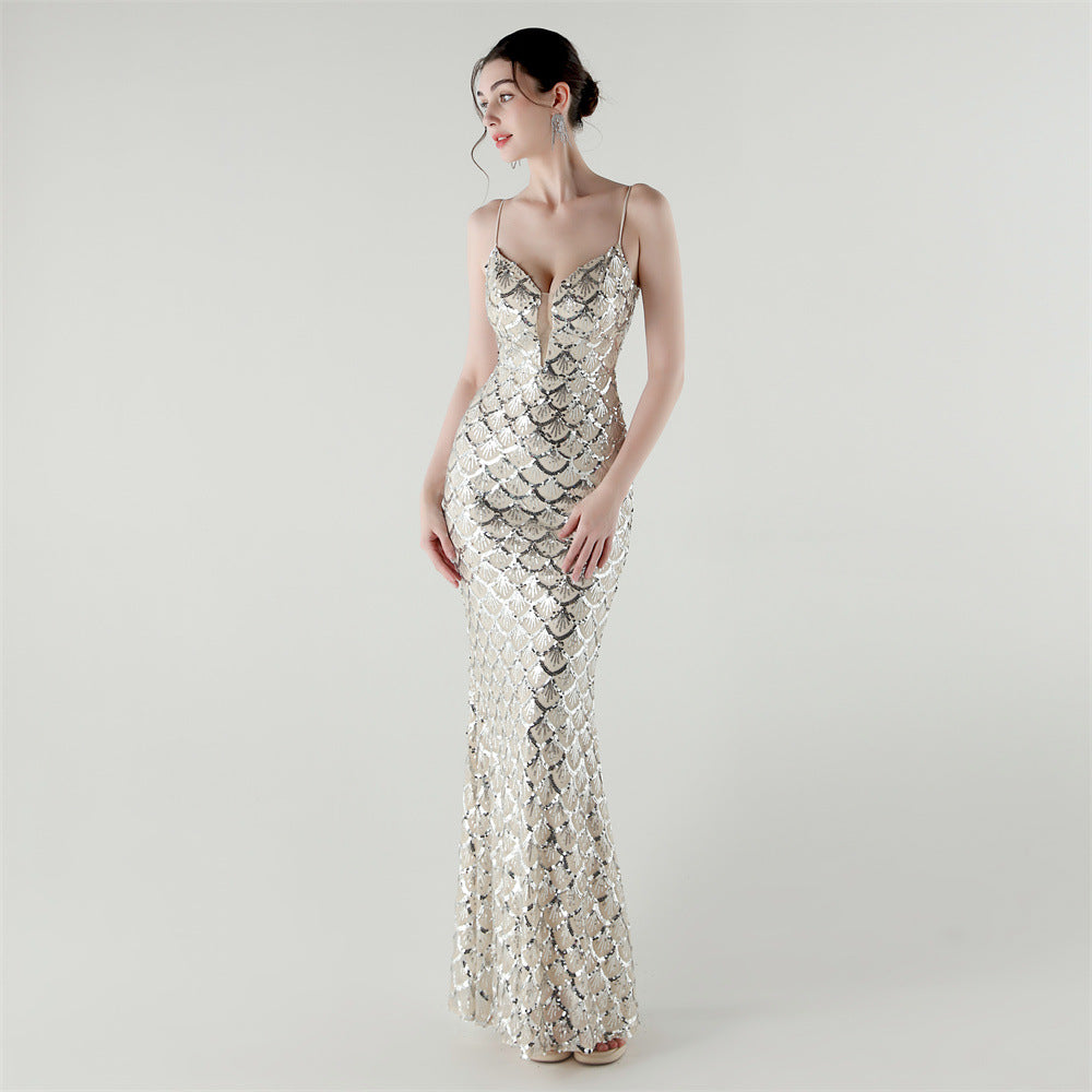 2025 Deep V Fish-Scale Sequin Gown for Formal Events