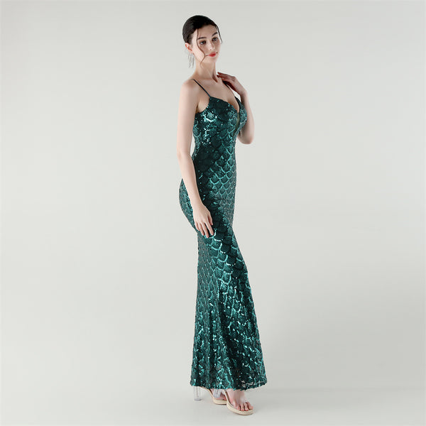 2025 Deep V Fish-Scale Sequin Gown for Formal Events