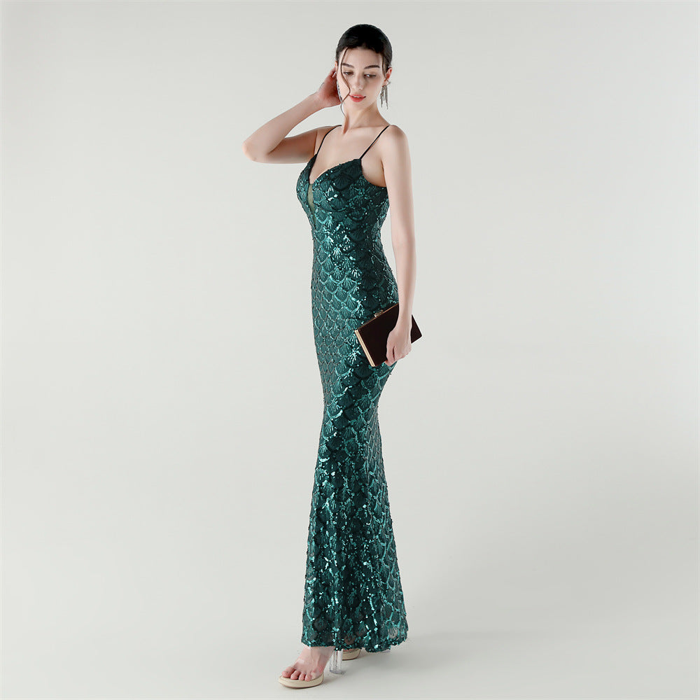 2025 Deep V Fish-Scale Sequin Gown for Formal Events